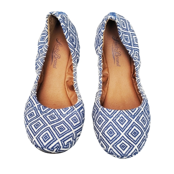 Lucky Brand Erin Blue White Diamond Textile Flats Size 6.5 - Picture 1 of 9